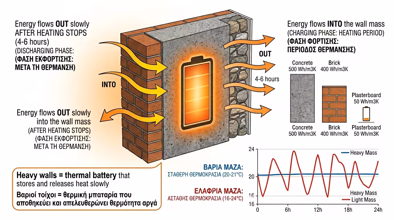 Θερμική αδράνεια - θερμική μπαταρία τούβλων και μπετόν