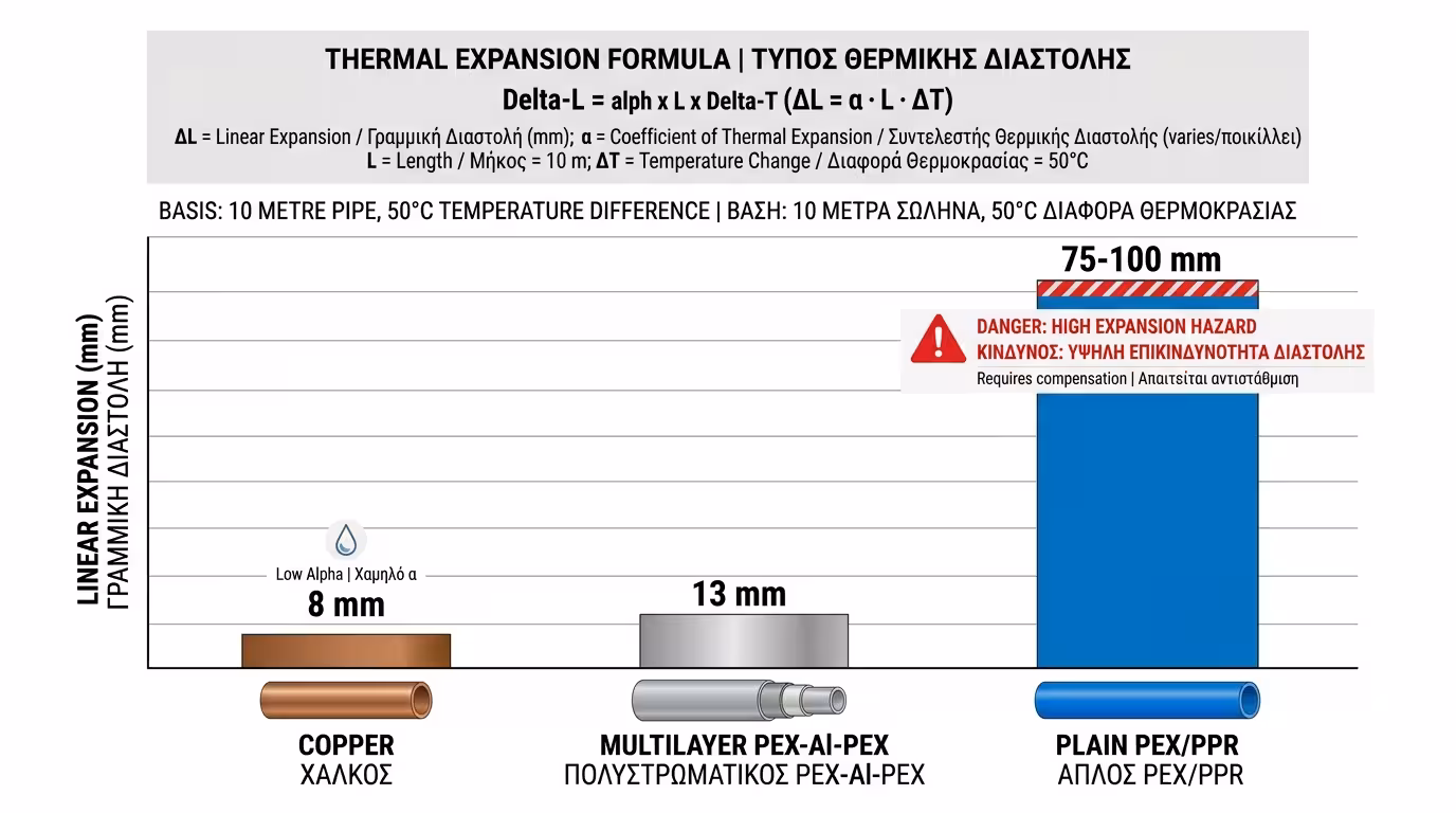 Σύγκριση θερμικής διαστολής υλικών σωλήνων - χαλκός 8mm, πολυστρωματική 13mm, PEX 75–100mm