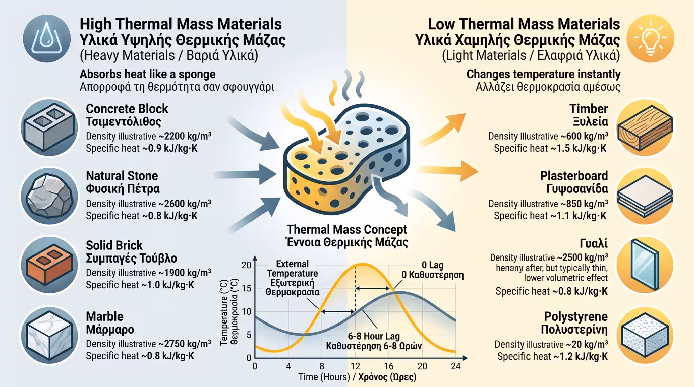 Θερμική μάζα - μπετόν πέτρα μάρμαρο απορροφά ζέστη σαν σφουγγάρι, ελαφριά υλικά αλλάζουν θερμοκρασία αμέσως