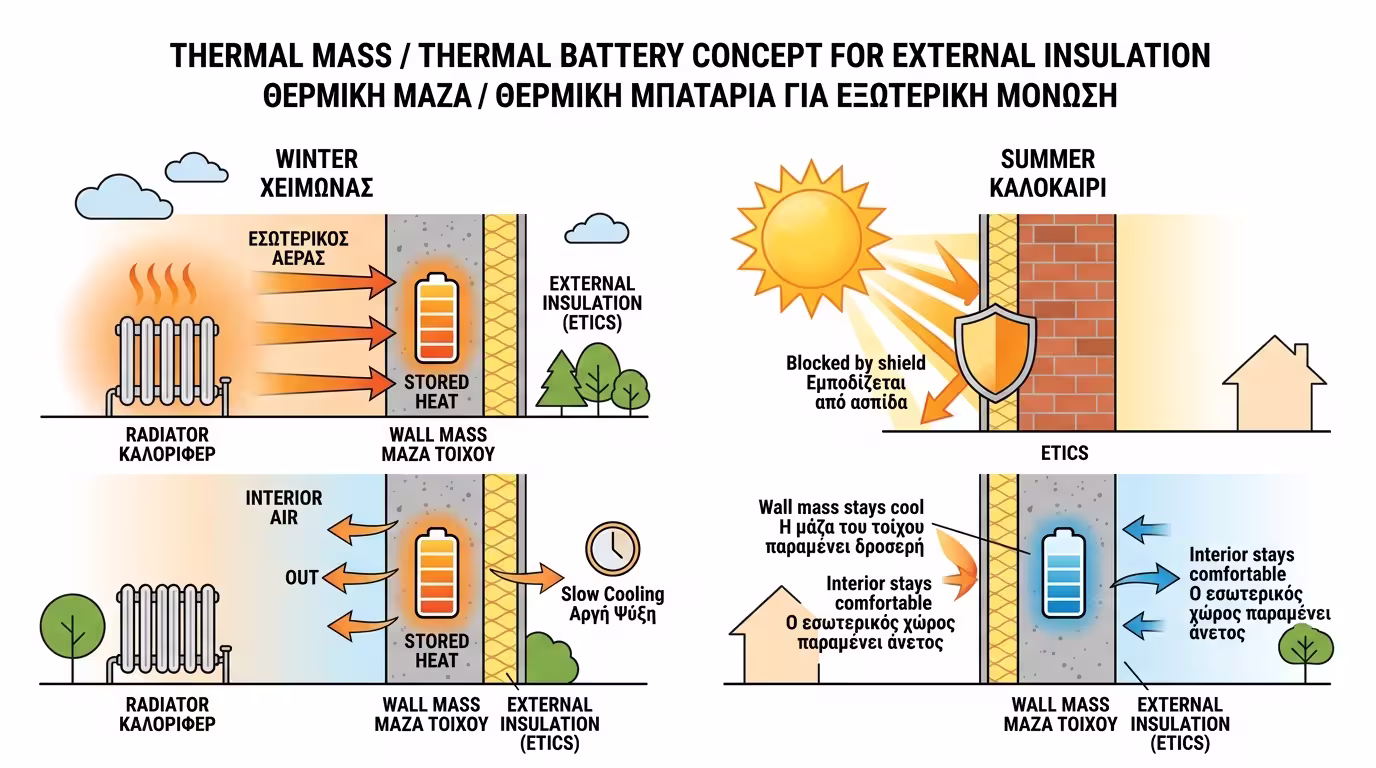 Θερμική χωρητικότητα τοίχων - η μπαταρία αποθήκευσης ενέργειας