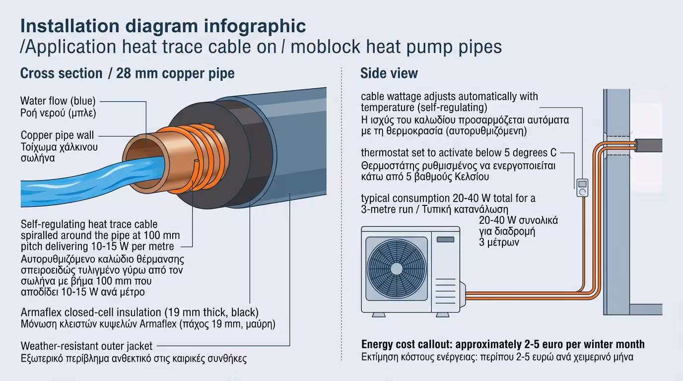 Θερμικό καλώδιο heat trace κάτω από μόνωση Armaflex σε εξωτερικούς σωλήνες