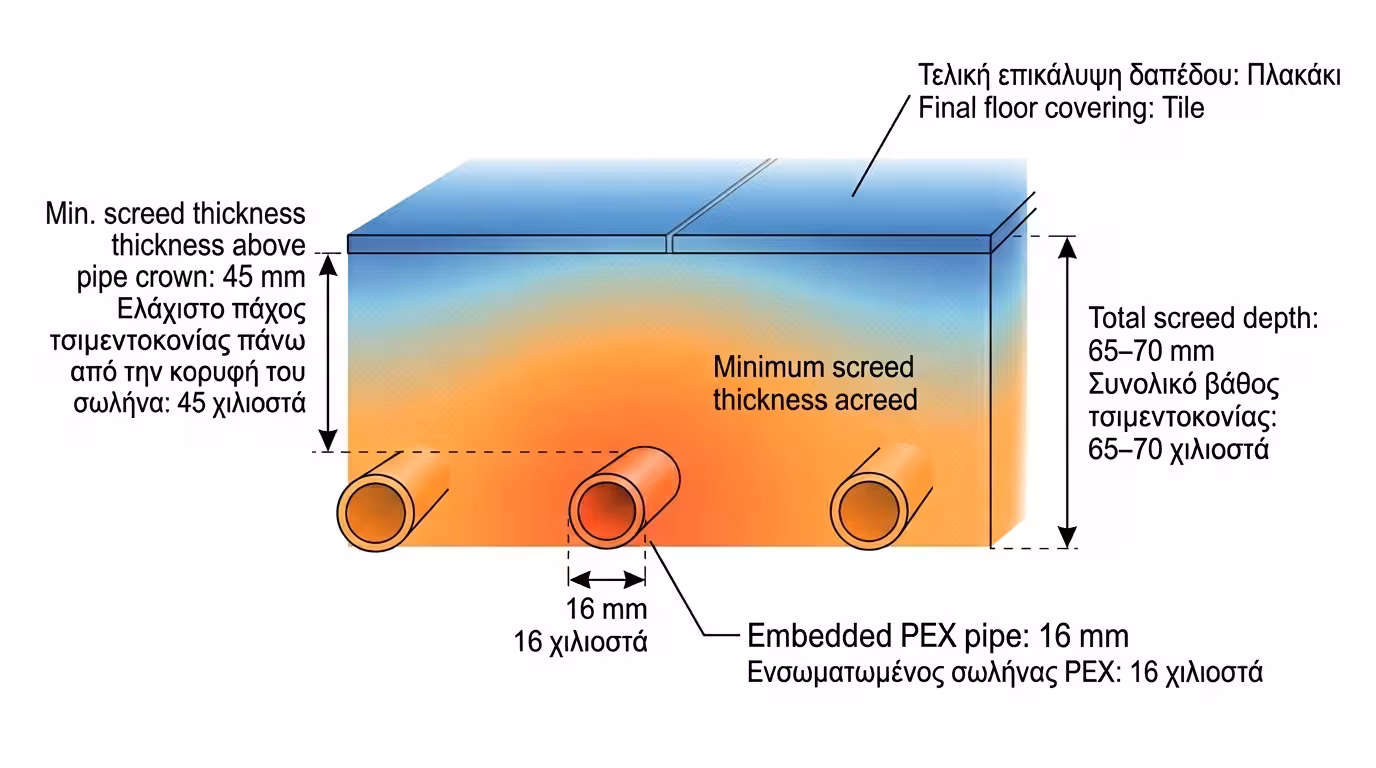 Θερμομπετόν ενδοδαπέδιας θέρμανσης - τελική επίστρωση πλακακιών και συνολικό πάχος 8-10 εκ.
