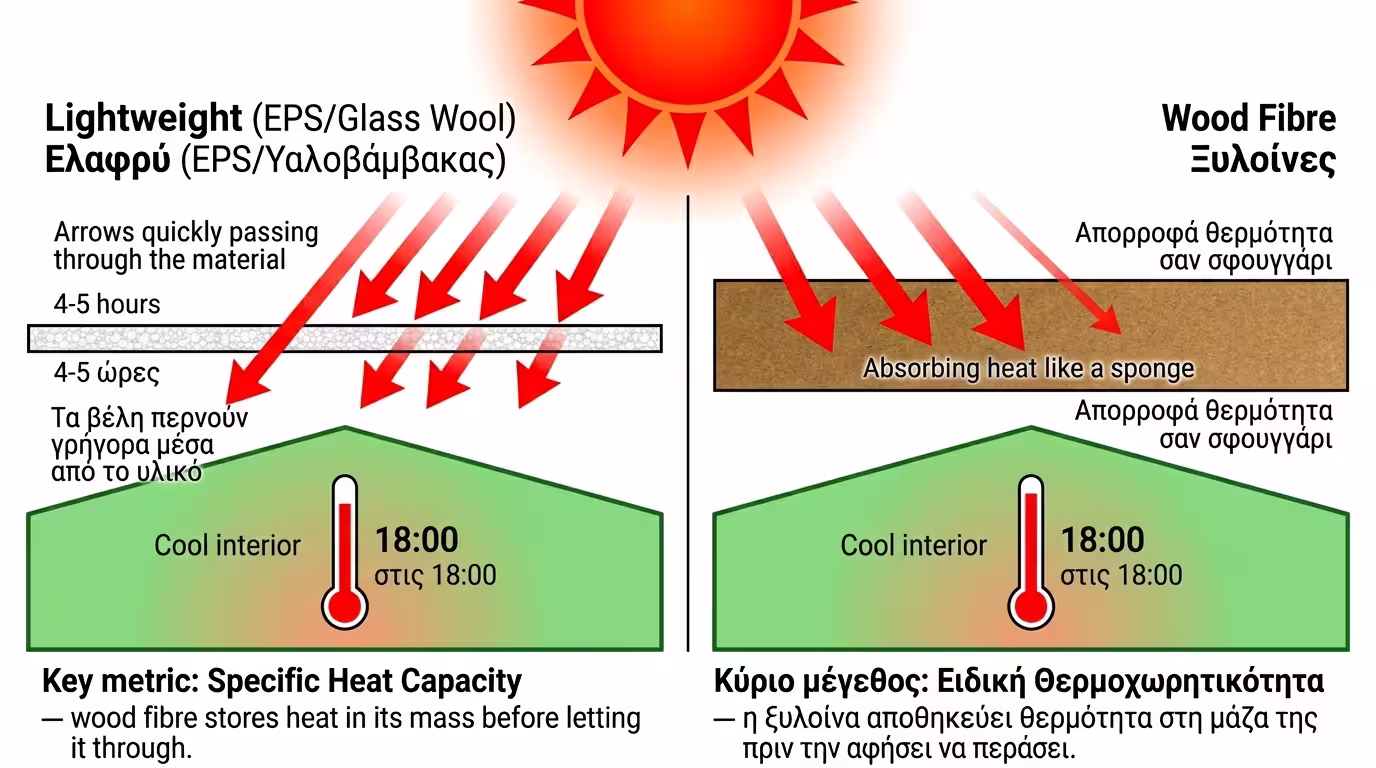 Θερμοχωρητικότητα - ξυλοβάμβακας vs EPS σε ζέστη Αυγούστου