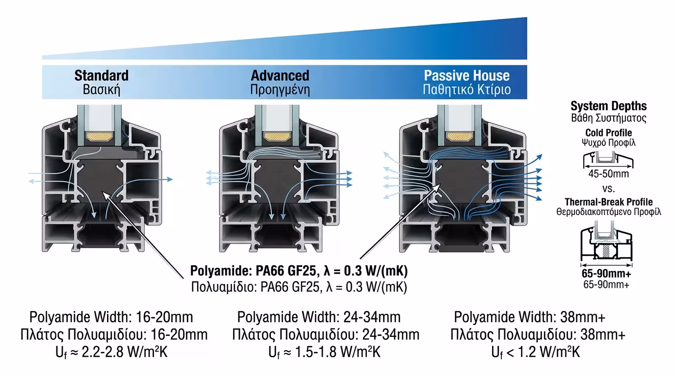 Θερμοδιακοπή - πολυαμίδιο PA66 GF25 ενώνει εσωτερικό/εξωτερικό προφίλ