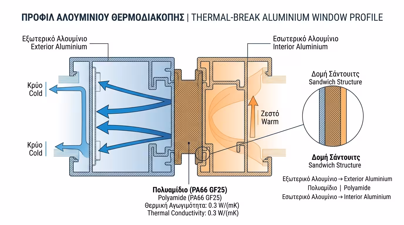 Τομή θερμοδιακοπτόμενου προφίλ αλουμινίου - δύο κομμάτια ενωμένα με πολυαμίδιο