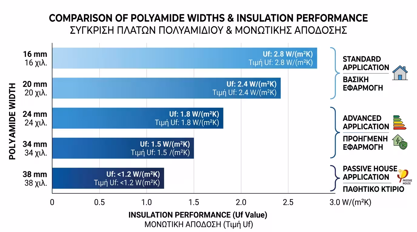Σύγκριση πλάτους πολυαμιδίου - 16mm, 20mm, 24mm, 34mm, 38mm
