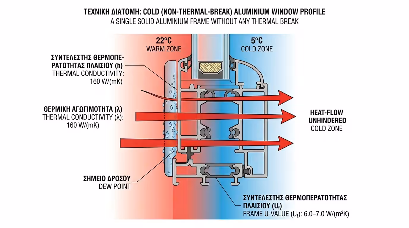 Τομή ψυχρού αλουμινίου - θερμογέφυρα μεταξύ εσωτερικού και εξωτερικού