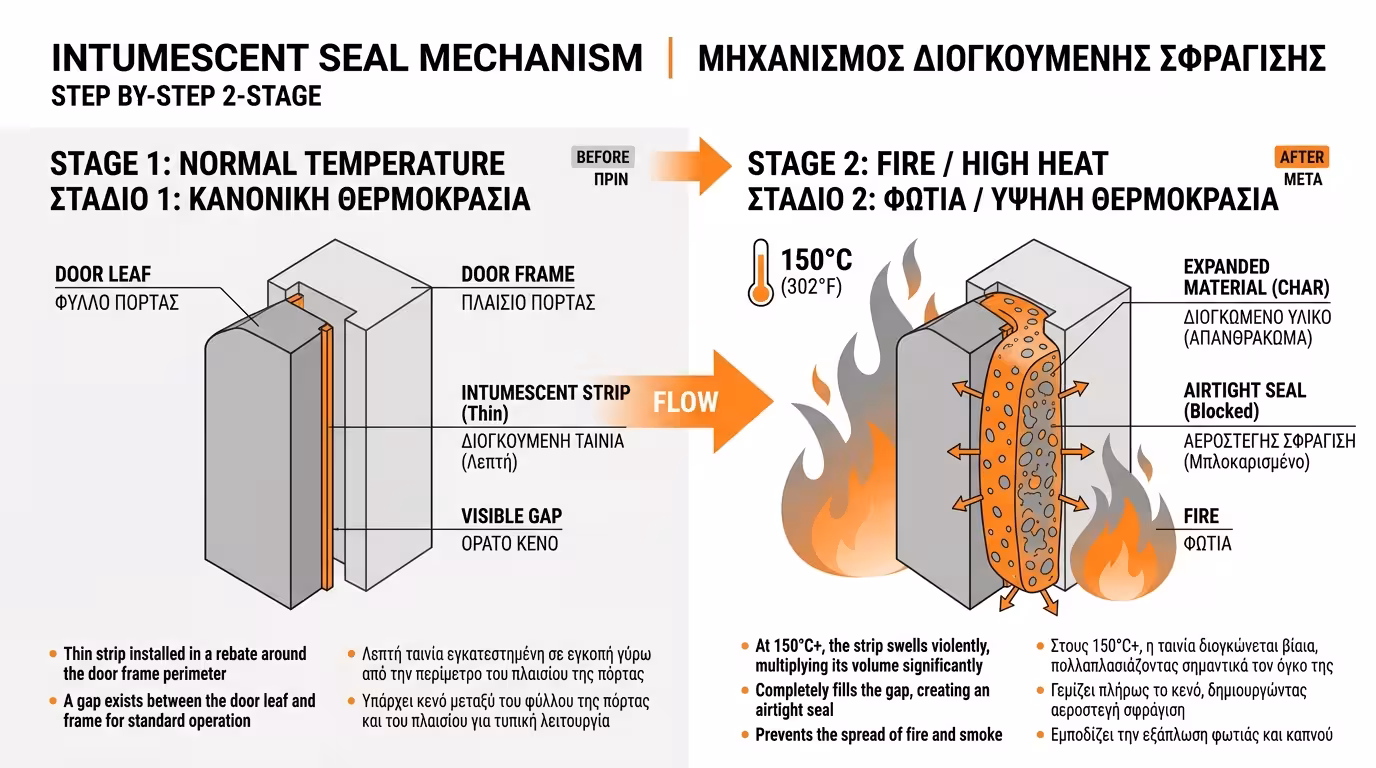 Θερμοδιογκούμενη ταινία: φουσκώνει στους 150°C, σφραγίζοντας πόρτα-κάσα αεροστεγώς