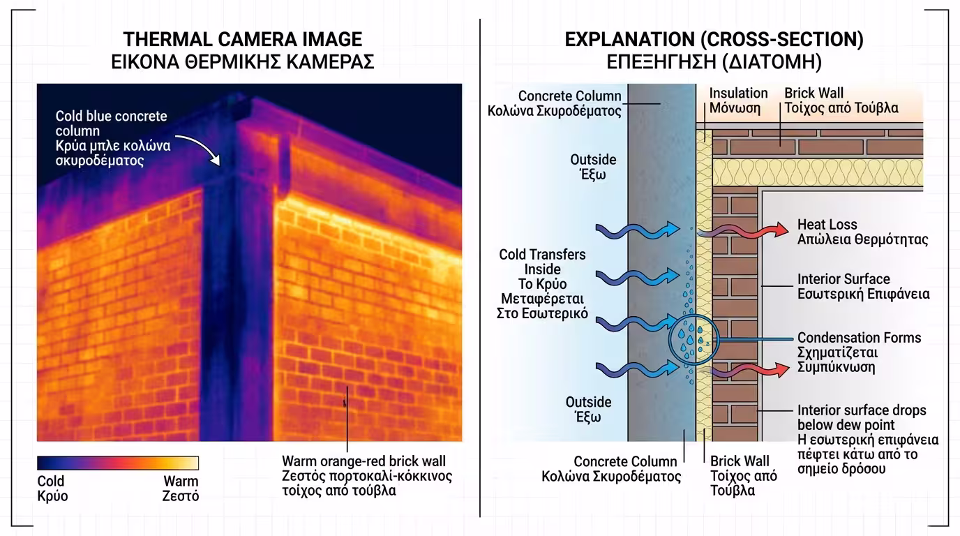 Θερμοκάμερα - κολώνα μπετόν (παγωμένη) vs τούβλο (ζεστό)