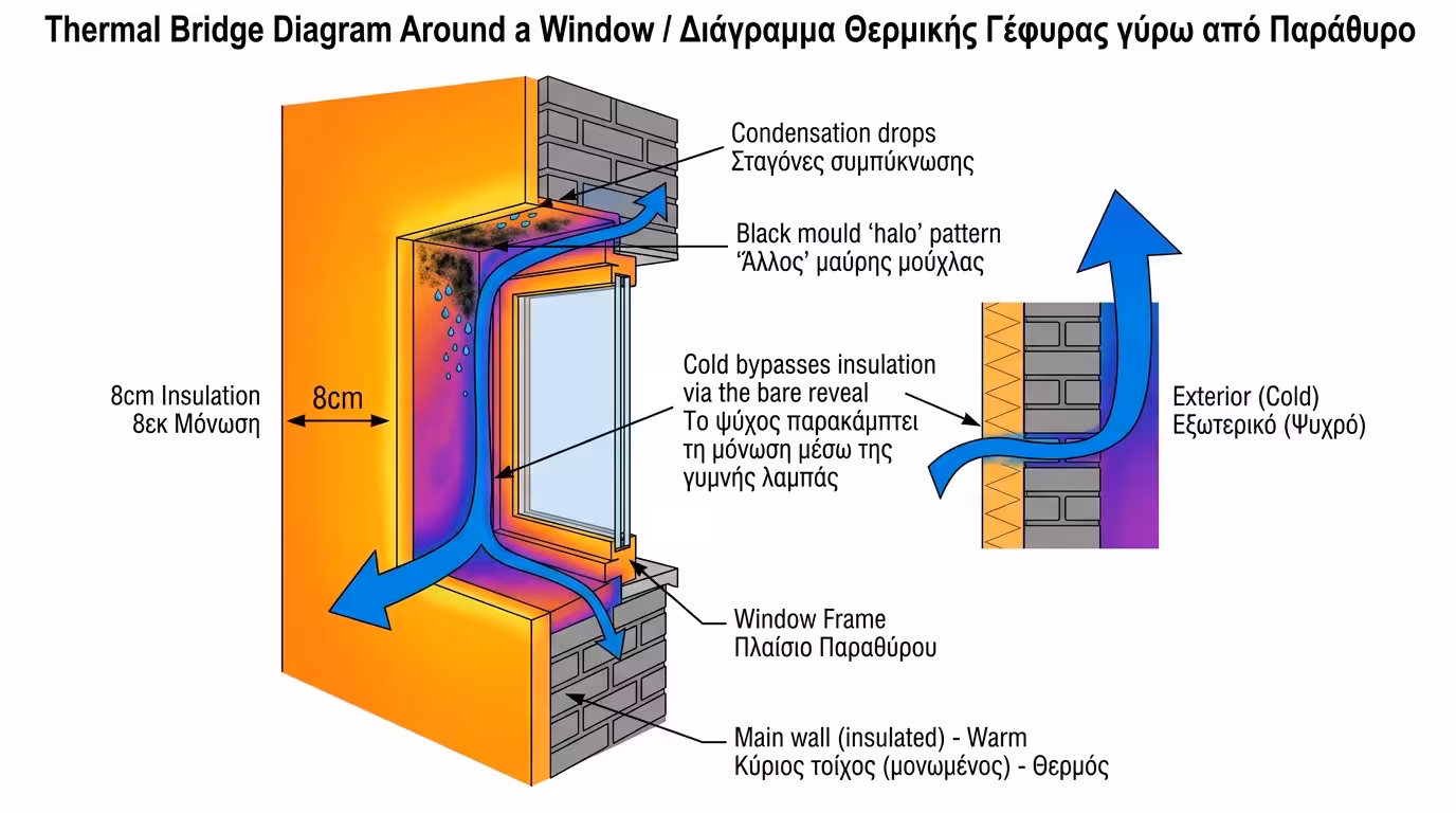 Θερμογέφυρα γύρω από παράθυρο - δρόμος κρύου