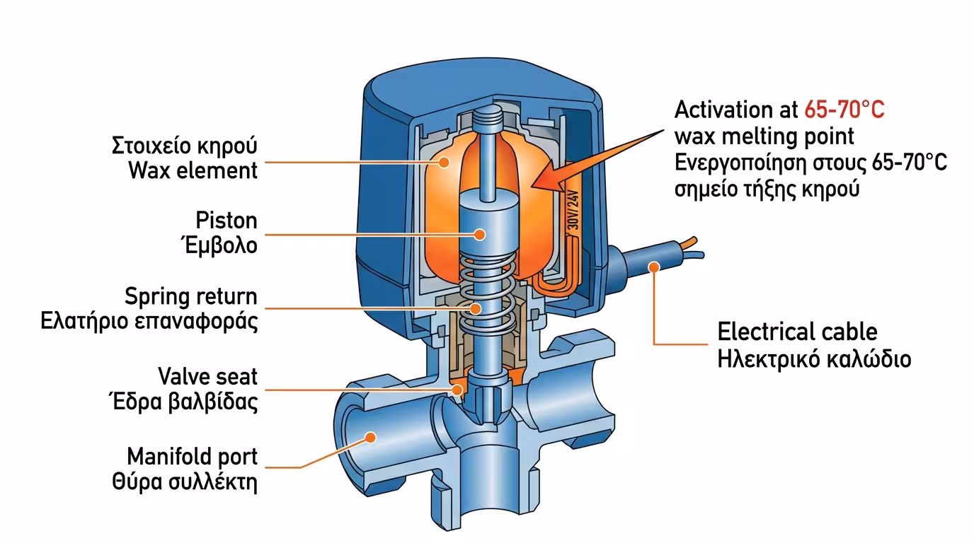 Θερμοηλεκτρικός κινητήρας - κάψουλα κεριού, έμβολο, βάνα κολεκτέρ