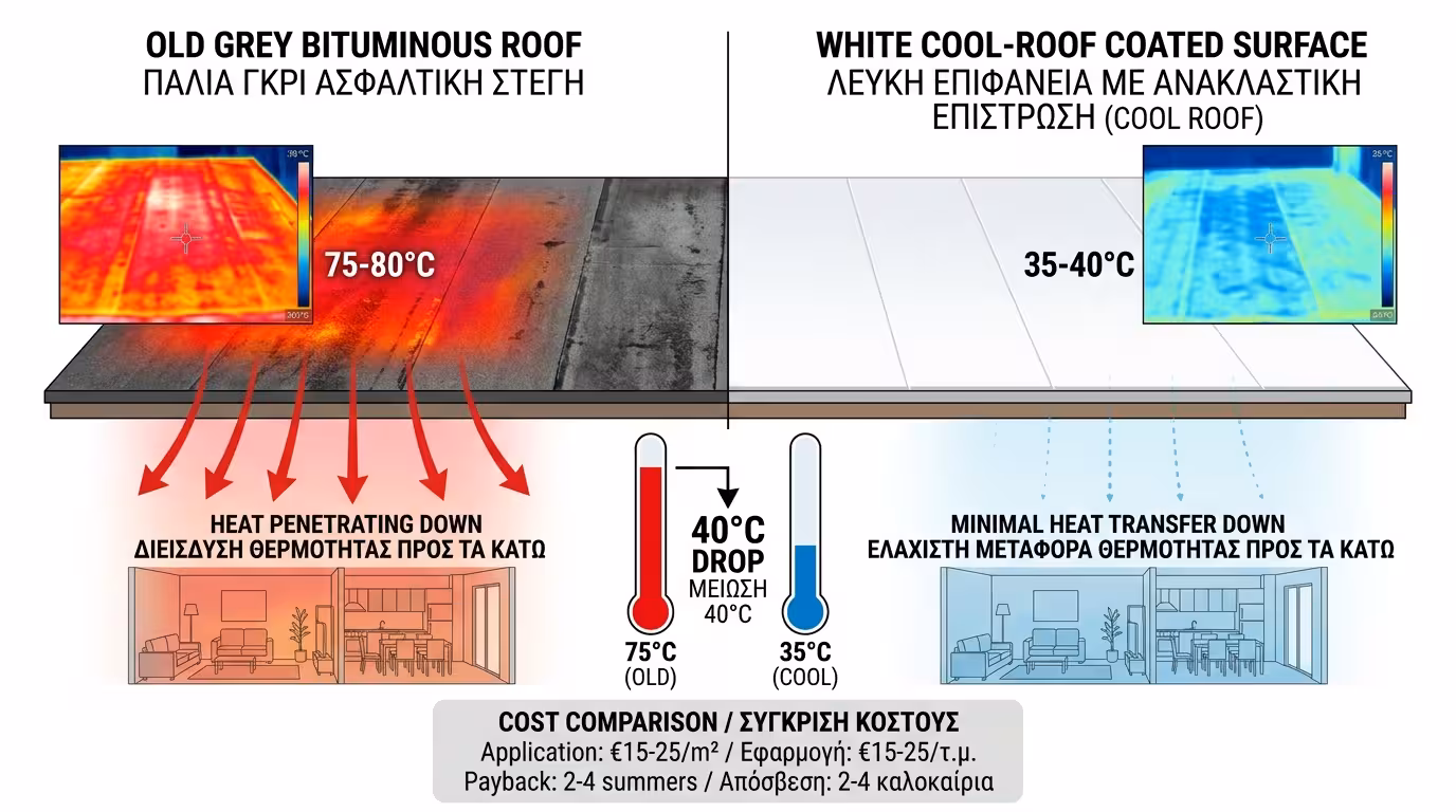 Σύγκριση θερμοκρασίας ταράτσας - γκρι 75 βαθμούς vs λευκή cool roof 35 βαθμούς