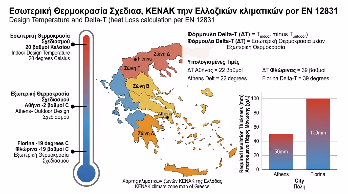 Θερμοκρασίες σχεδιασμού ΔT - εξωτερική Αθήνα 0°C, Φλώρινα -9°C, εσωτερική 20°C