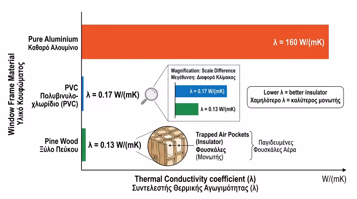 Σύγκριση συντελεστή λ - αλουμίνιο vs PVC vs ξύλο