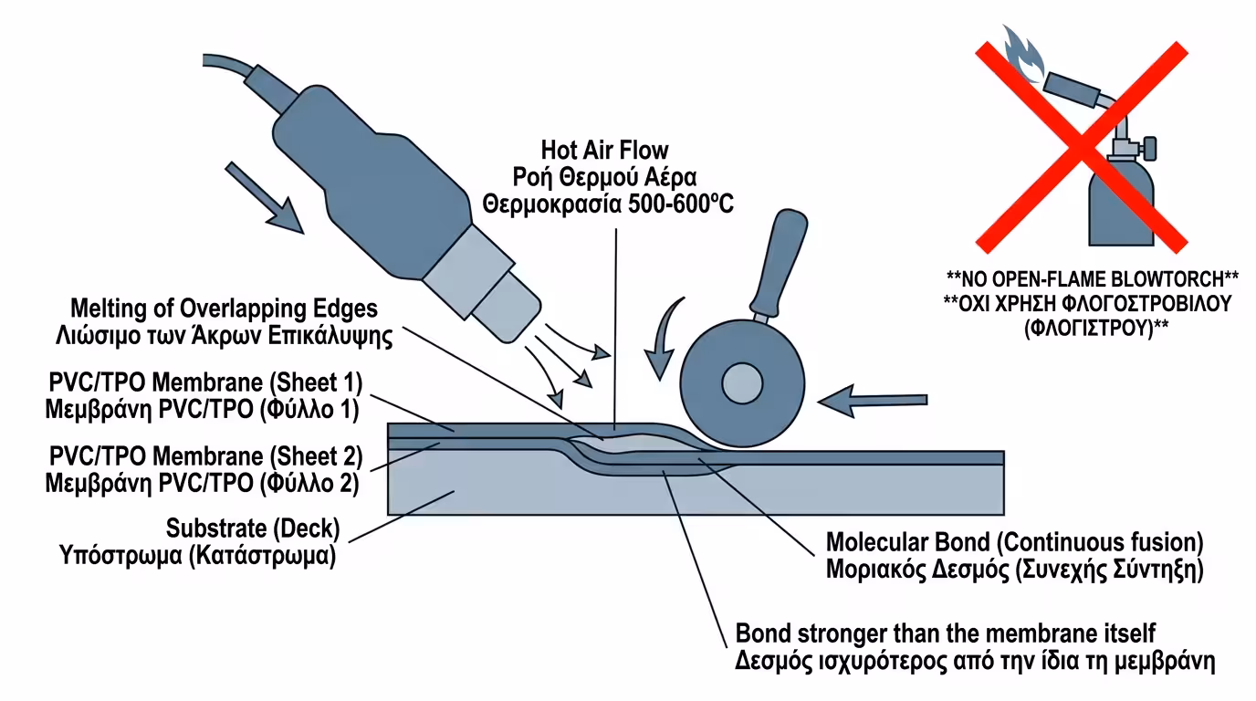 Μηχανική στερέωση και θερμοσυγκόλληση με καυτό αέρα