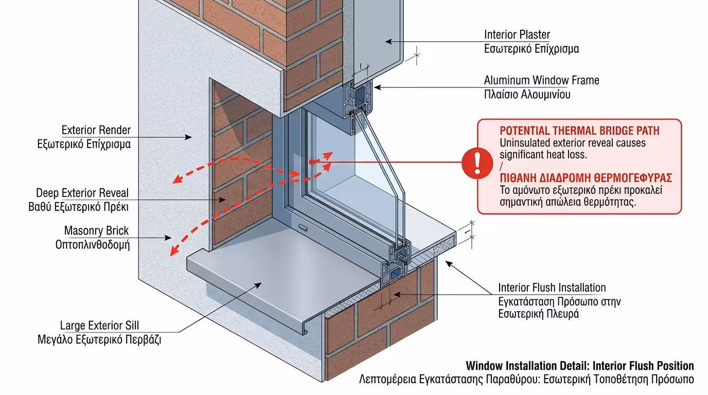 Τοποθέτηση κουφώματος πρόσωπο μέσα - εσωτερική θέση στον τοίχο