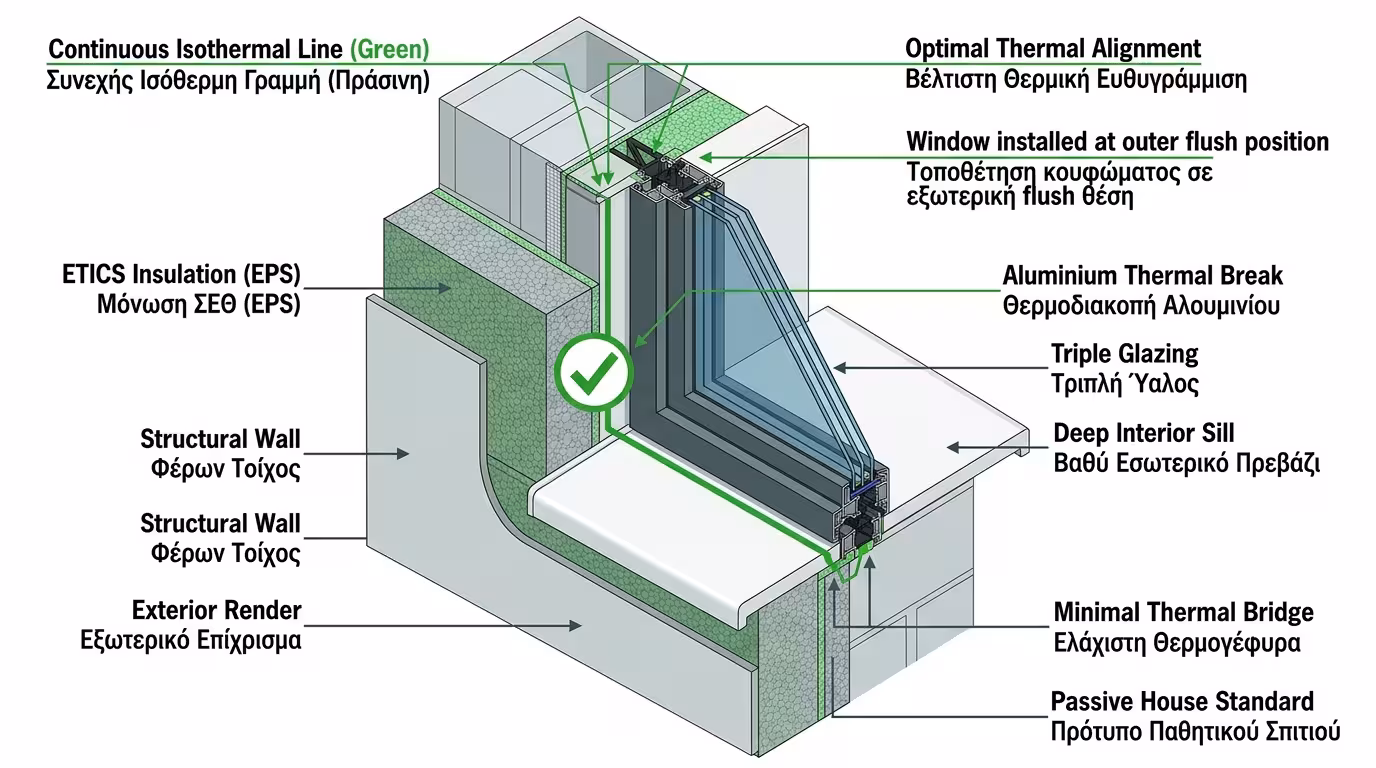 Τοποθέτηση κουφώματος πρόσωπο έξω - στη ζώνη θερμοπρόσοψης, Passive House standard