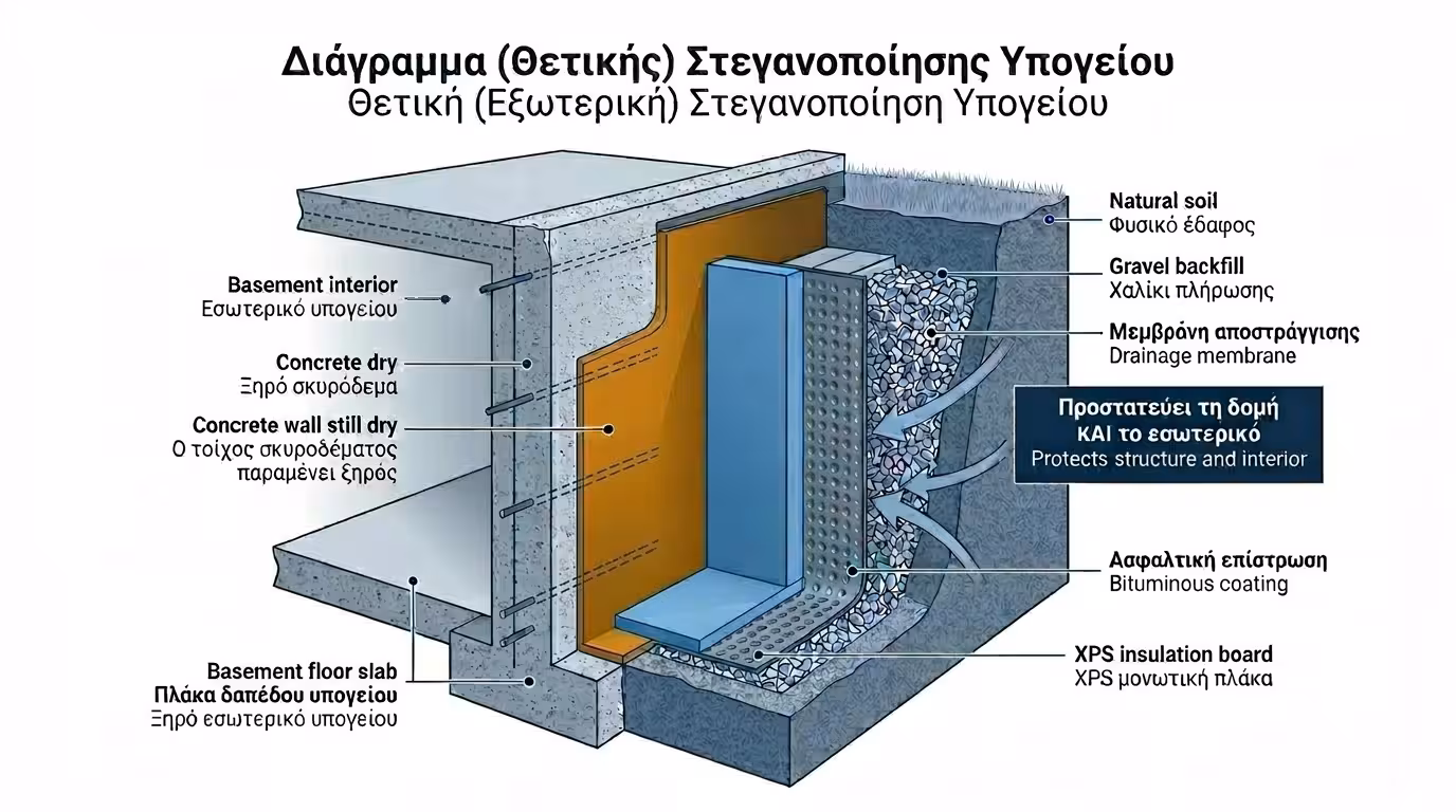 Θετική στεγάνωση - εξωτερική εφαρμογή πριν το μπάζωμα