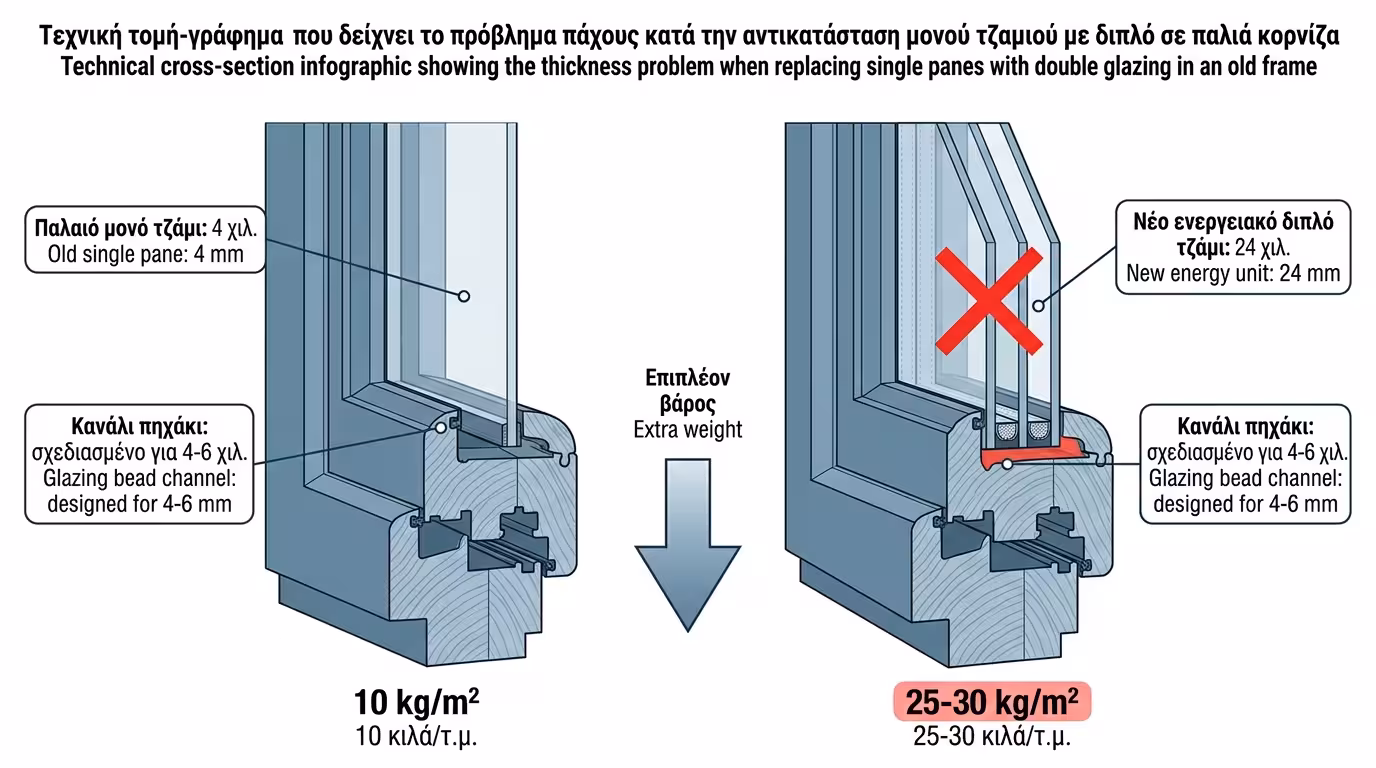 Σύγκριση πάχους μονού τζαμιού (4-5mm) vs διπλού ενεργειακού (20-28mm) - πρόβλημα πηχακιών