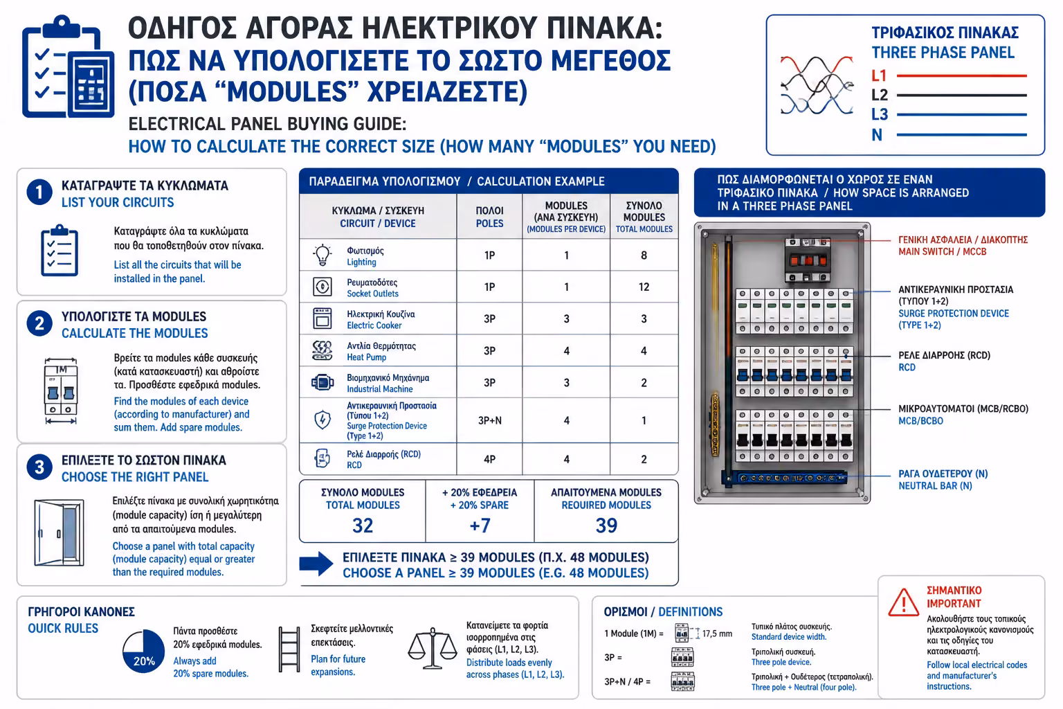 Σχεδιασμός χώρου σε τριφασικό πίνακα με πολλές γραμμές
