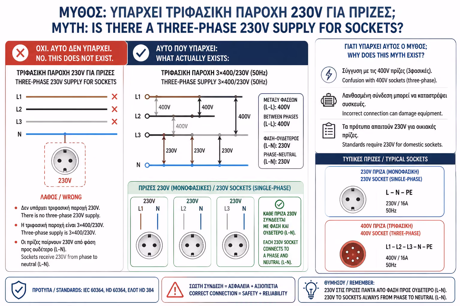 Μύθος 400V και πραγματική τροφοδότηση πριζών σε τριφασικό σπίτι