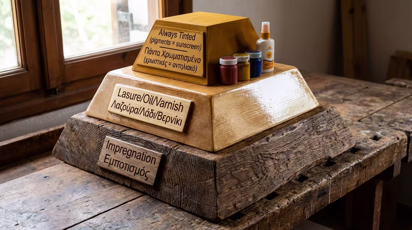 Ινφογκράφικ 3 στρωμάτων: 1) Συντηρητικό εμποτισμού (βαθιά), 2) Τελικό προϊόν (μέση), 3) Έγχρωμο ή διάφανο (επιφάνεια) (ελληνικά και αγγλικά)