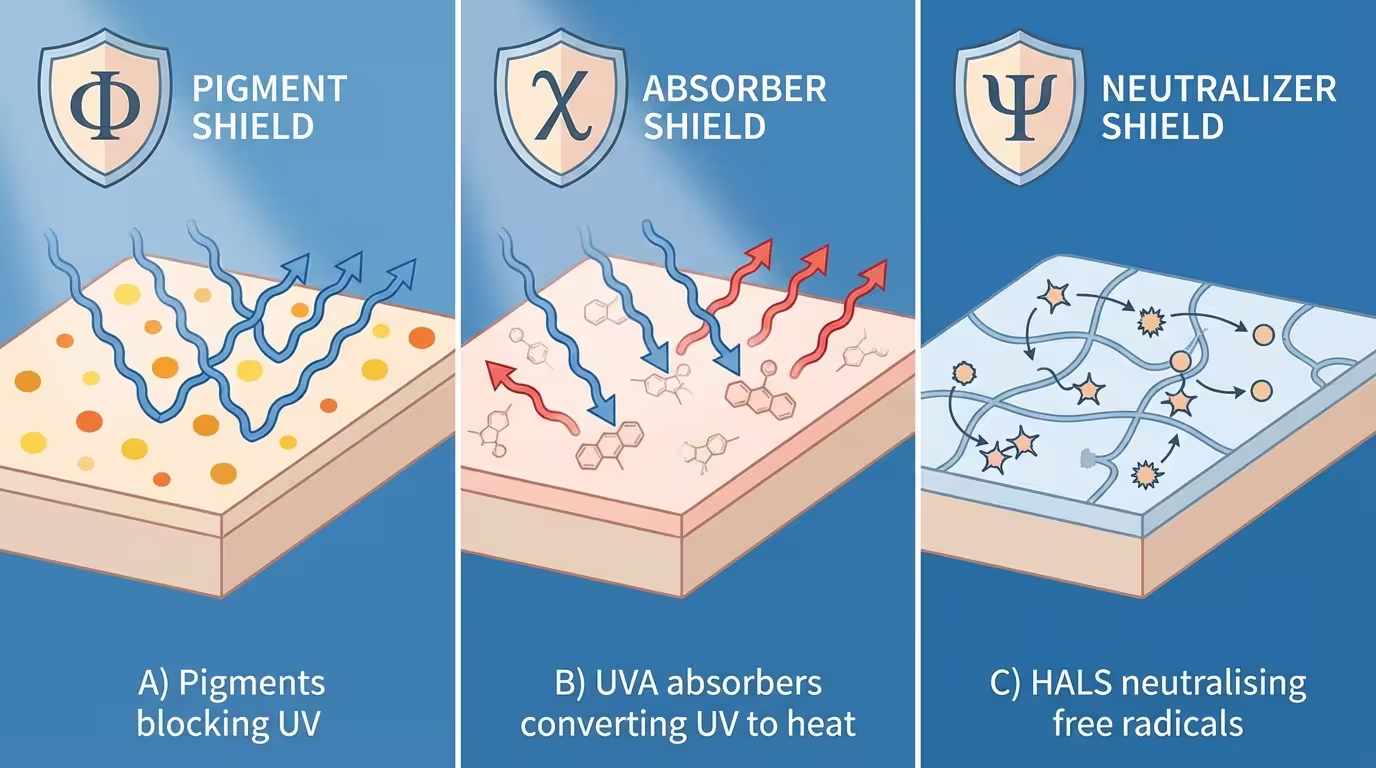 Ινφογκράφικ 3 μηχανισμών: A) Χρωστικές μπλοκάρουν UV, B) UVA απορροφητές θυσιάζονται, C) HALS εξουδετερώνουν ελεύθερες ρίζες (ελληνικά και αγγλικά)