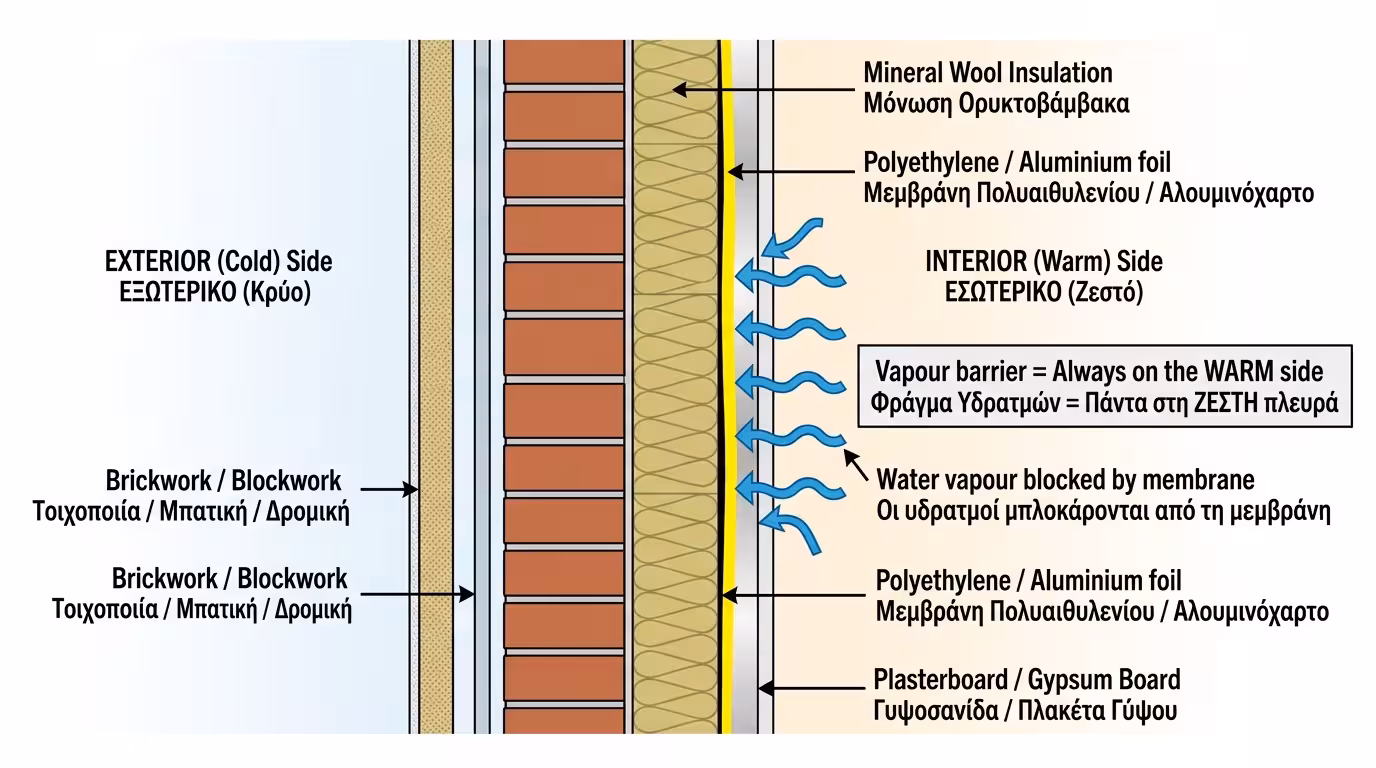 Φράγμα υδρατμών - αδιαπέραστη μεμβράνη στη ζεστή πλευρά