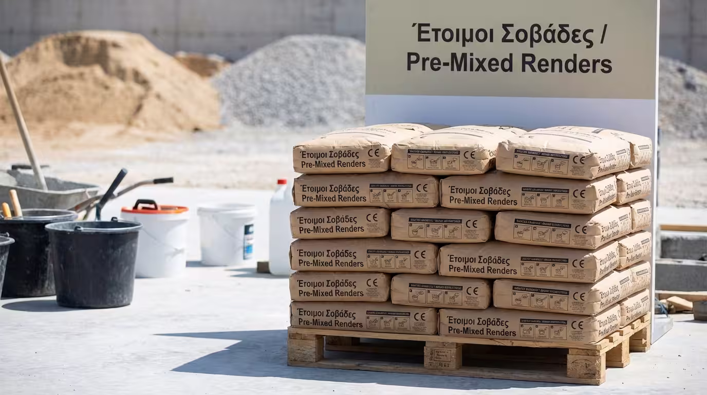 Σάκοι έτοιμου σοβά σε εργοτάξιο - τυποποιημένα ξηρά κονιάματα