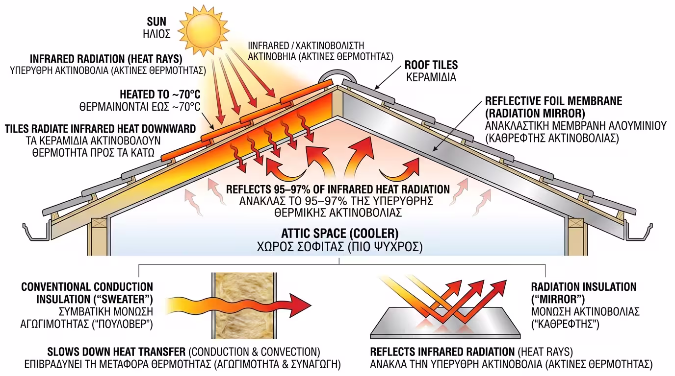 Ανακλαστική μεμβράνη αλουμινίου - λειτουργία ως καθρέφτης θερμικής ακτινοβολίας