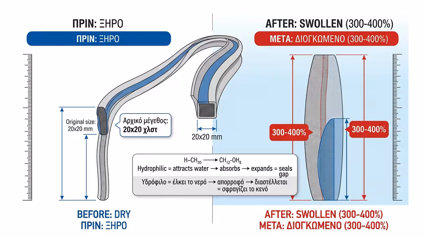 Υδροδιογκούμενο κορδόνι - εύκαμπτη λωρίδα που φουσκώνει 300-400%