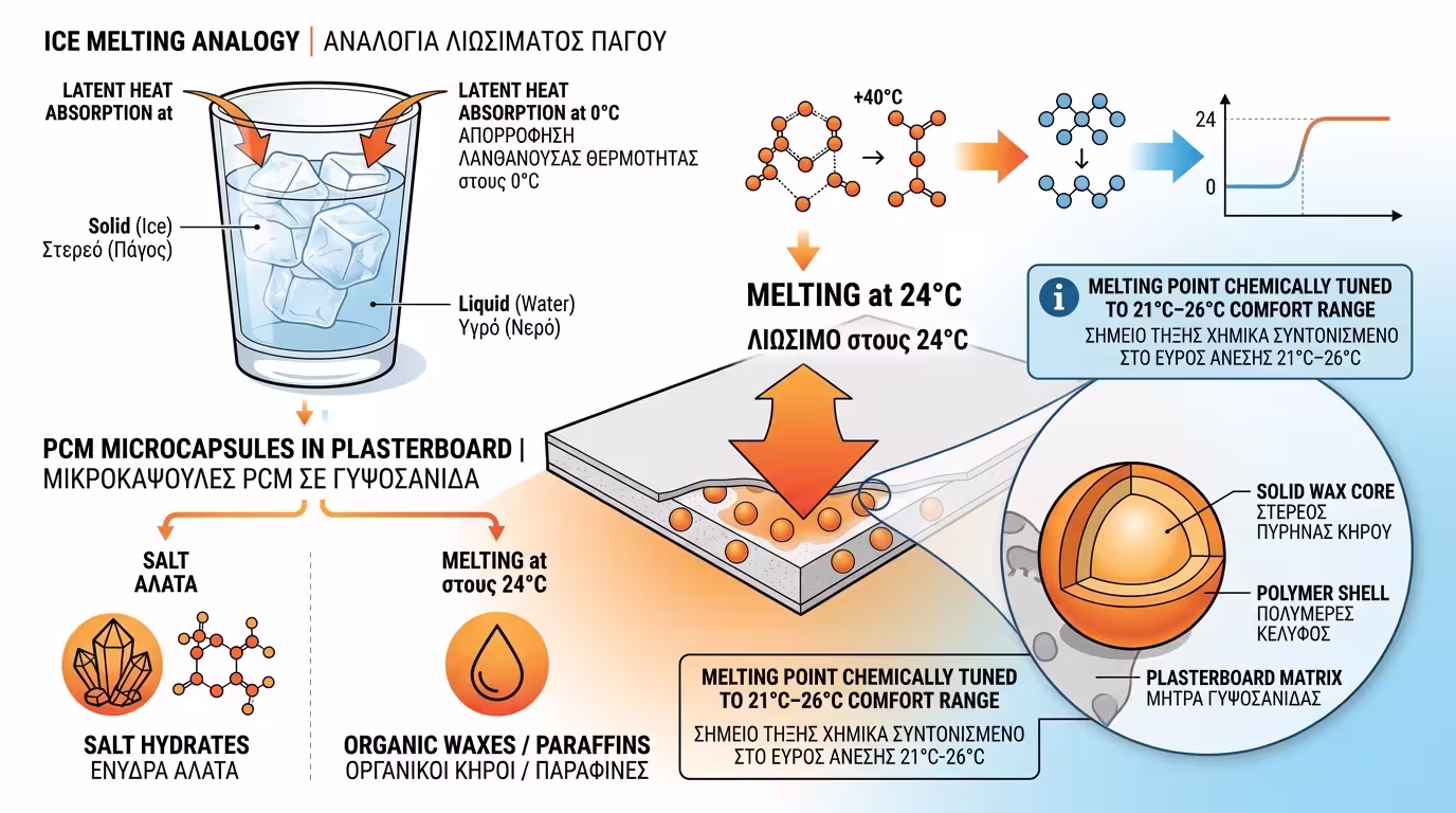 Αρχή λειτουργίας υλικών αλλαγής φάσης PCM - μικροκάψουλες σε γυψοσανίδα