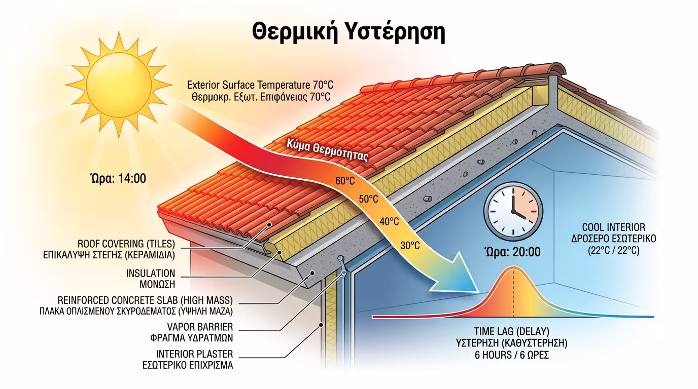 Ετεροχρονισμός θερμότητας - κύμα ζέστης διαπερνά στέγη
