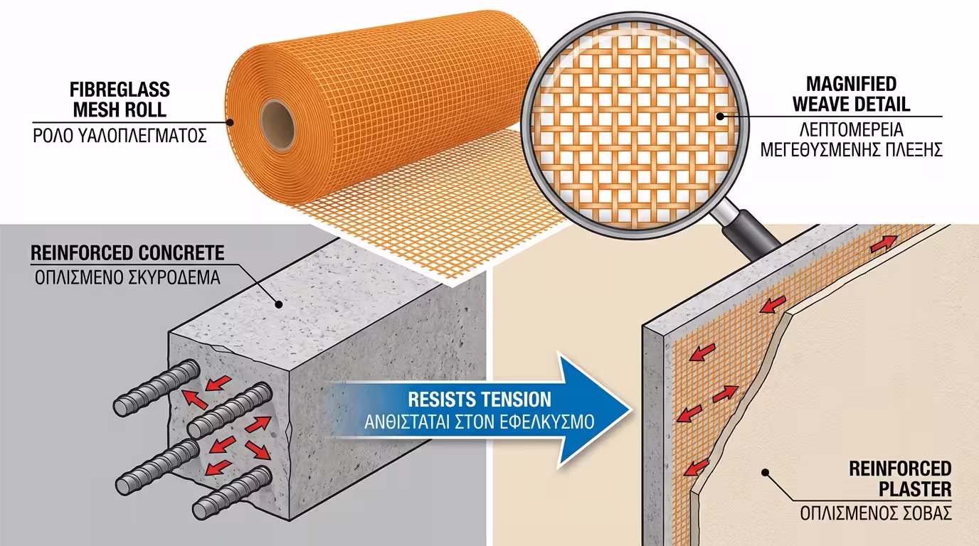 Ρολό υαλοπλέγματος με μεγεθυμένη υφή, αναλογία: σίδερα σε μπετόν = πλέγμα σε σοβά