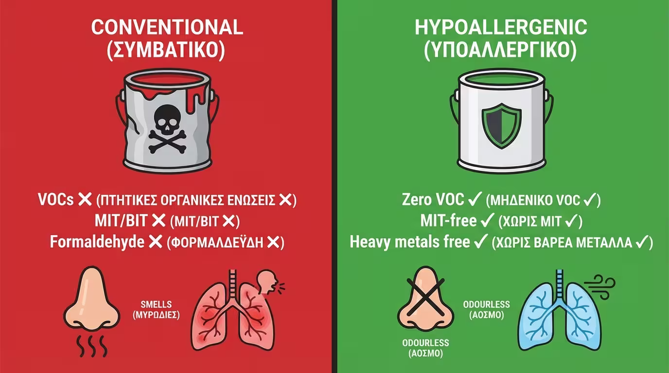 Infographic: Συμβατικό χρώμα vs αντιαλλεργικό - VOCs, MIT, αναθυμιάσεις