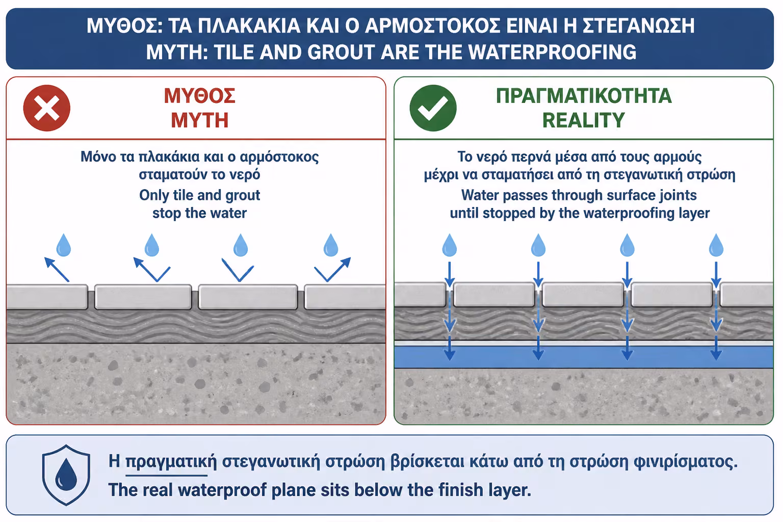 Εικονογράφηση για 1. Λάθος πρώτο: θεωρούμε ότι τα πλακάκια και οι αρμοί είναι η στεγανοποίηση