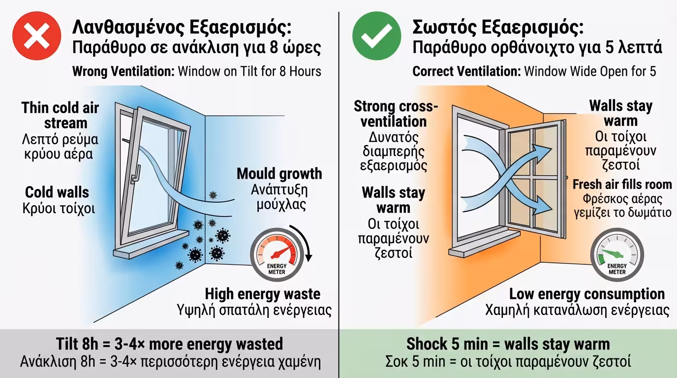 Παράθυρο στην ανάκλιση τον χειμώνα - λανθασμένη πρακτική αερισμού