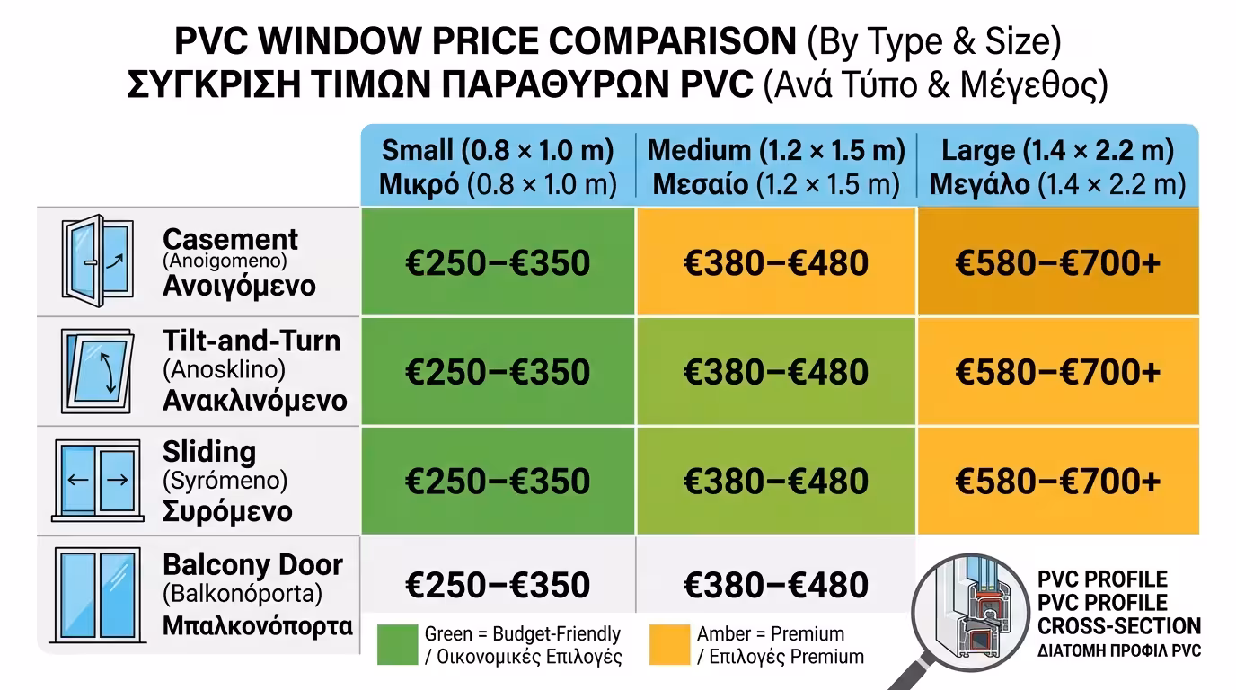 Ενδεικτικές τιμές PVC, αλουμινίου θερμοδιακοπτόμενου, συρόμενου, premium