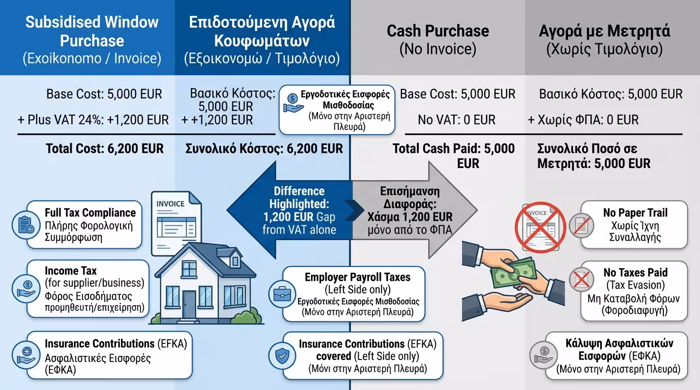 Τιμολόγηση ΦΠΑ 24% στο Εξοικονομώ vs μετρητά χωρίς παραστατικά