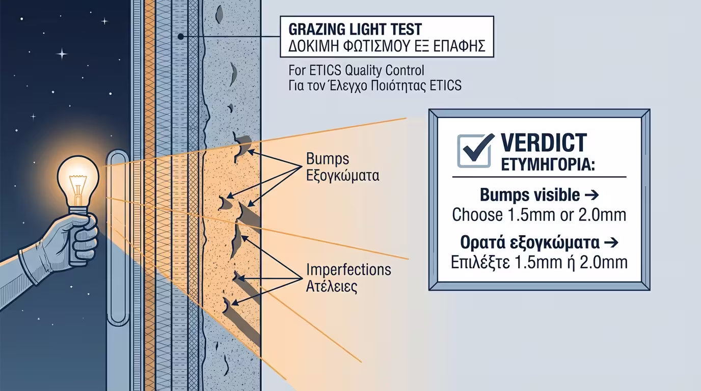 Τεστ πλάγιου φωτισμού σε τοίχο θερμοπρόσοψης