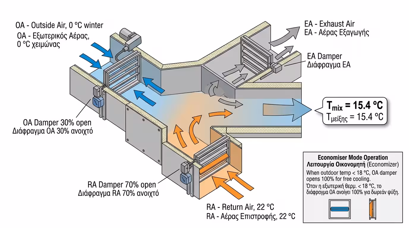 Τμήμα μίξης ΚΚΜ - διαφράγματα dampers, νωπός αέρας και αέρας επιστροφής