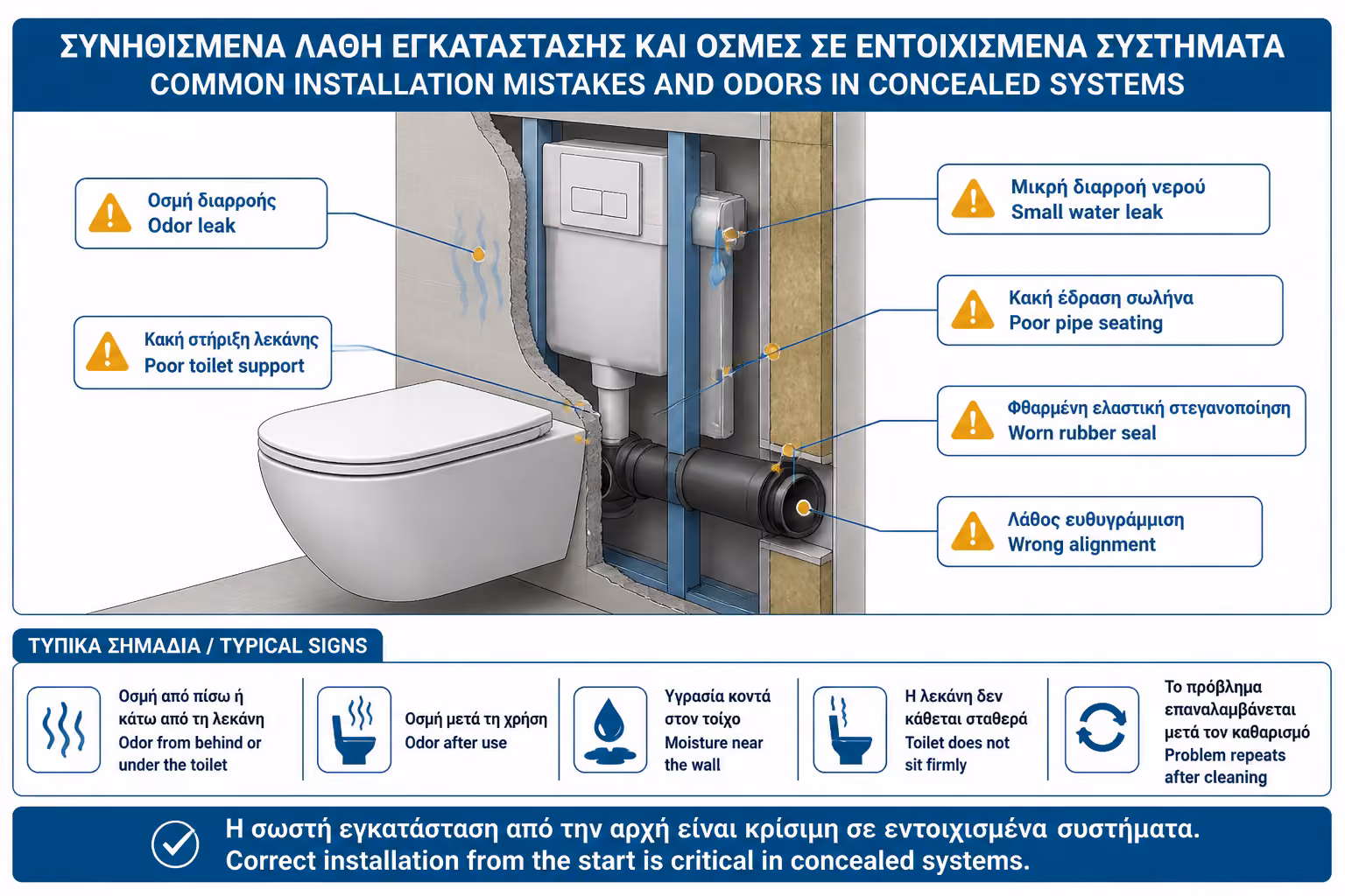 Εικονογράφηση για 7. Κακή Σύνδεση Εντοιχιζόμενου Καζανακίου ή Κρεμαστής Λεκάνης