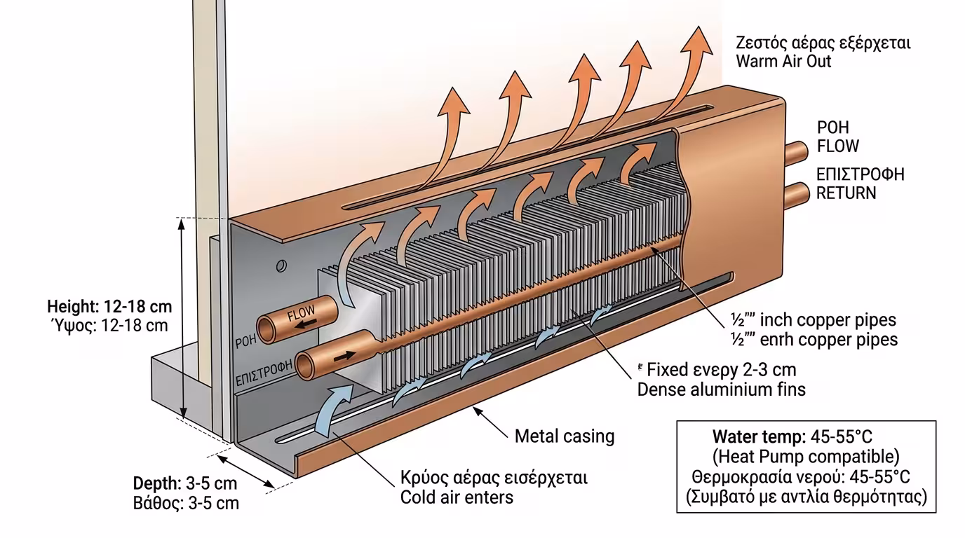 Τομή σοβατεπί θέρμανσης: χαλκοσωλήνες με πτερύγια αλουμινίου μέσα σε μεταλλικό κάλυμμα