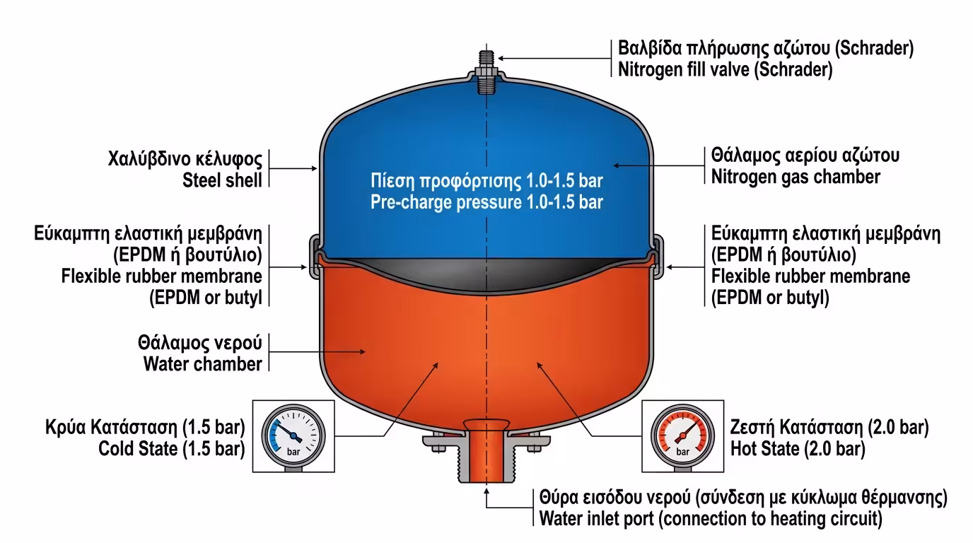 Τομή δοχείου διαστολής - μεμβράνη, θάλαμος αζώτου, θάλαμος νερού