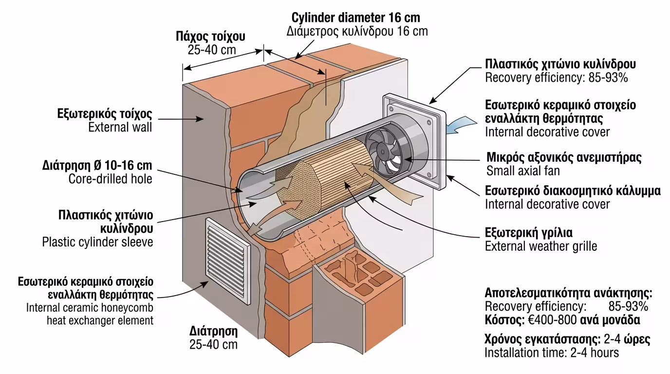Τοπικό αποκεντρωμένο VMC - τρύπα στον εξωτερικό τοίχο, κεραμικός εναλλάκτης, κύλινδρος