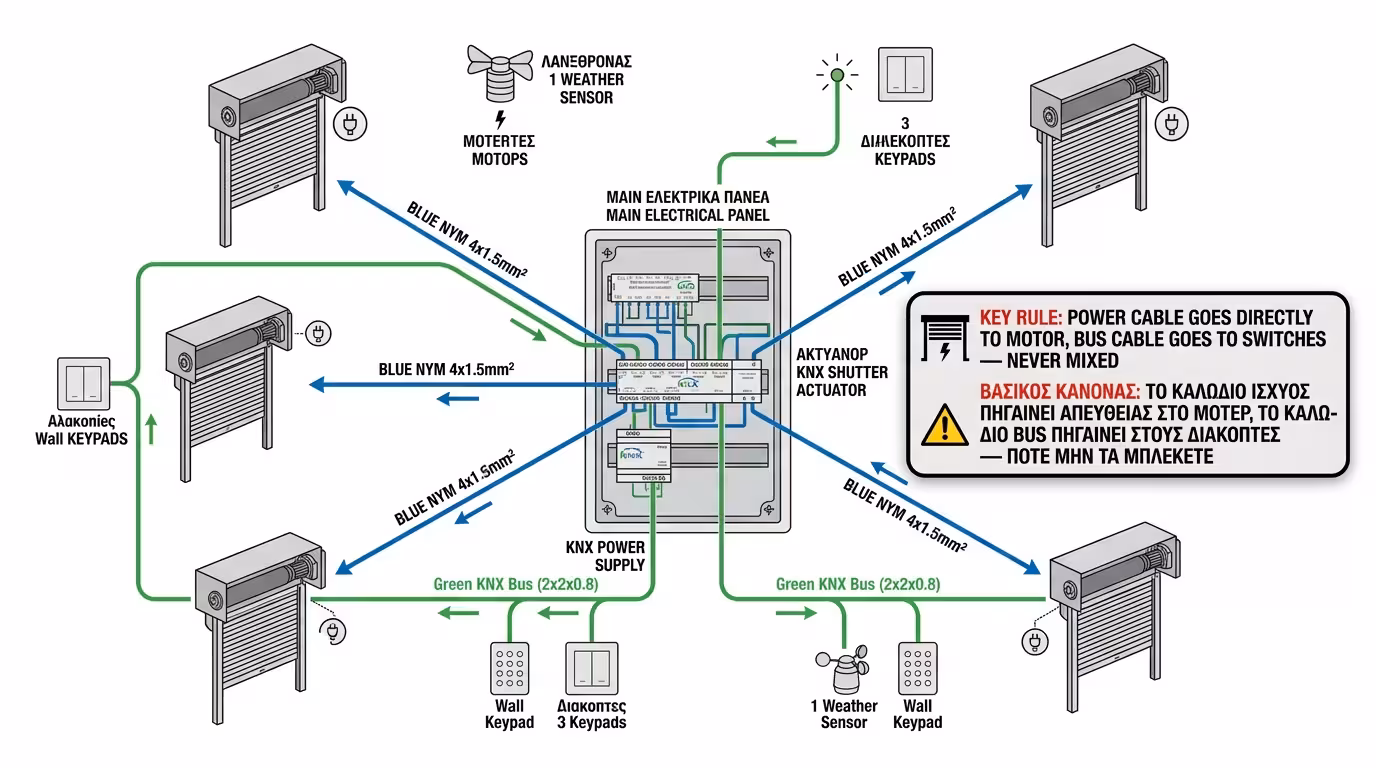 Τοπολογία αστέρα - καλώδια ισχύος από πίνακα σε κάθε κουτί ρολού