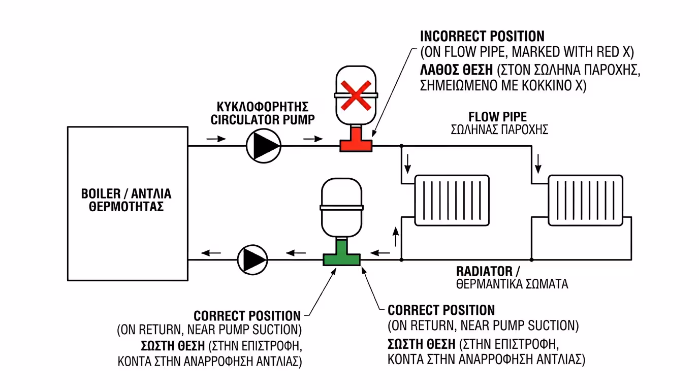 Τοποθέτηση δοχείου διαστολής - σωλήνας επιστροφής, χωρίς βάνα παρεμβολής