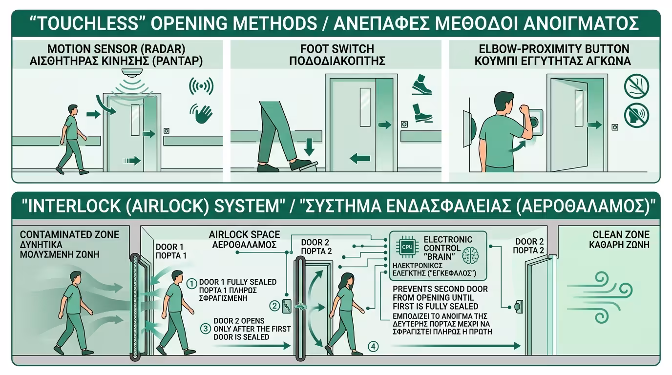 Touchless αυτοματισμοί - αισθητήρας κίνησης, ποδοδιακόπτης, interlock αεροφράκτης