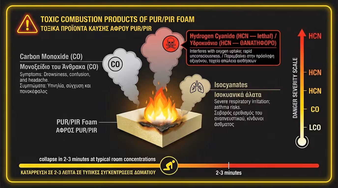 Τοξικός καπνός από καύση πολυουρεθάνης - υδροκυάνιο και μονοξείδιο του άνθρακα