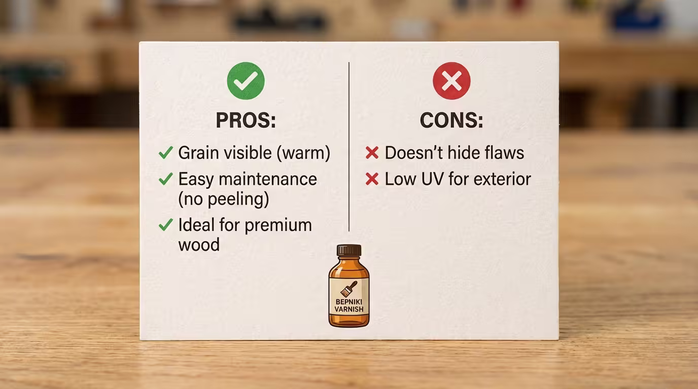 Ινφογκράφικ πλεονεκτημάτων/μειονεκτημάτων: ✓ ανάδειξη νερών, ✓ εύκολη συντήρηση, ✓ ιδανικό για ακριβό ξύλο - ✗ δεν κρύβει λάθη, ✗ χαμηλή UV αντοχή (ελληνικά και αγγλικά)